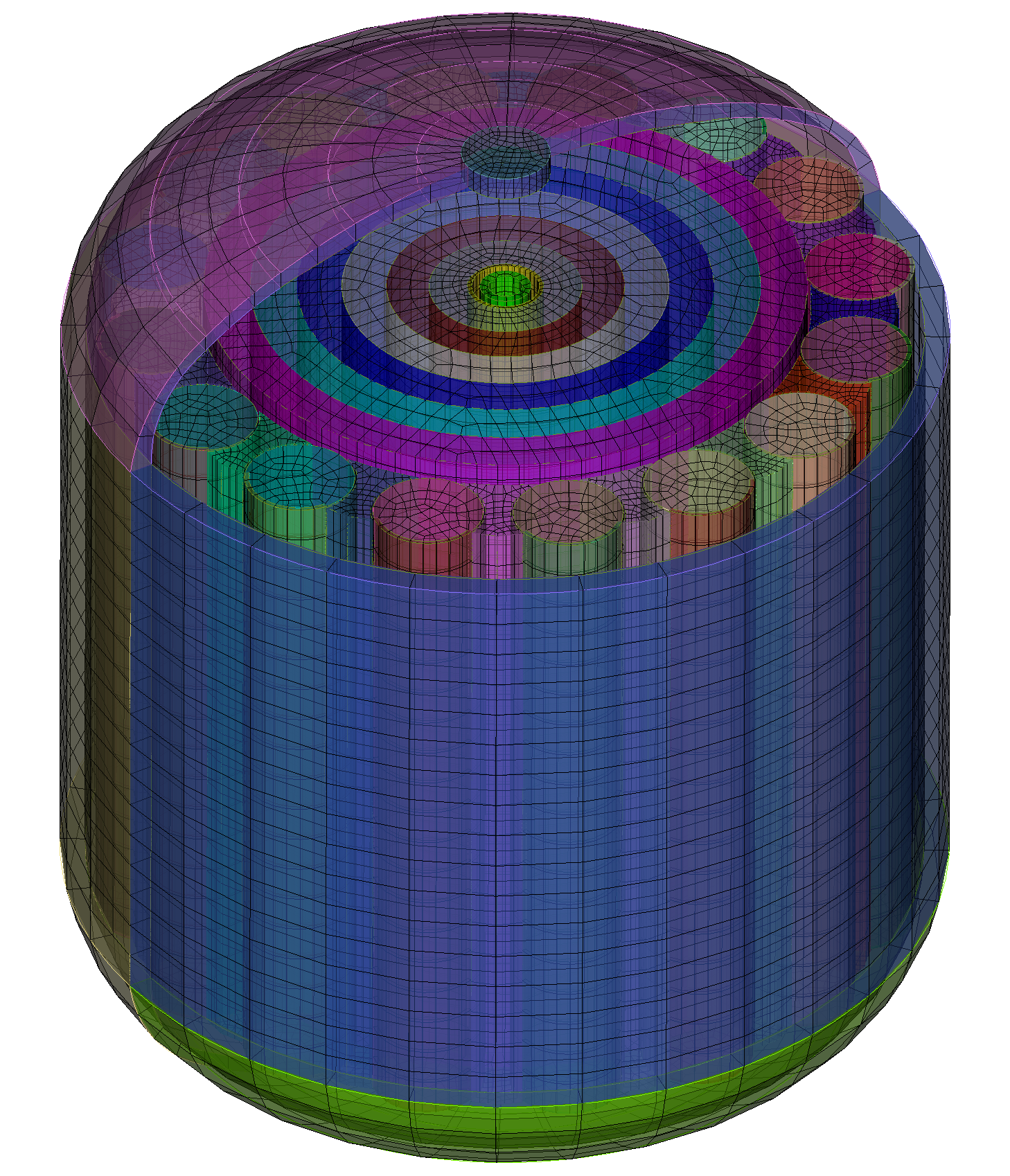 Figure 2. Programmatically generated core mesh modeled in Coreform Cubit for thermohydraulic modeling in MOOSE. This is a medium-fidelity model of the Radiant reactor core with some computational simplifications in the geometry. Using the Python API in Coreform Cubit, this fully procedurally generated mesh takes only a few seconds to update and remesh, ideal for rapid simulation iterations in MOOSE.