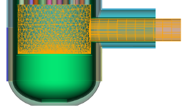 Figure 1. Fluid plenum meshed in Coreform Cubit in core surrogate to simulate turn in flow. This model is a multiple-inlet, single-outlet forced direction change flow to be simulated in Nek5000, a particularly challenging meshing problem. Work is ongoing to build a fully hexahedral mesh for this problem, and with Coreform Cubit’s interface, it is possible to iterate through many strategies to converge to the most efficient solution.