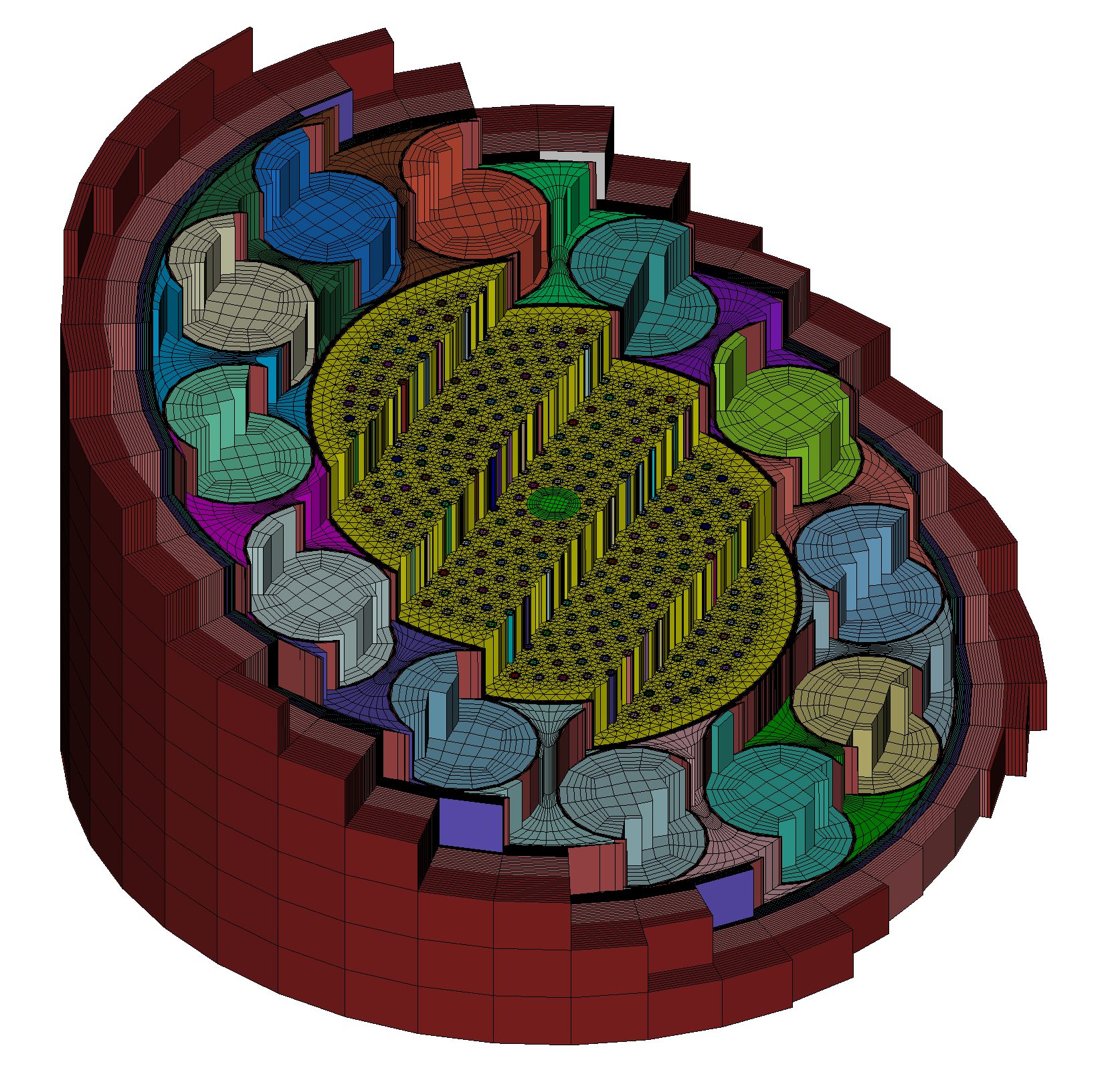 Figure 3. An imported CAD model meshed with the Coreform Cubit Python API. For the highest-fidelity models, Radiant employs a 3rd party CAD tool whose geometry is then imported into Coreform Cubit as a STEP file, then webcut and meshed with both hexes and tets entirely through the Python API. In this way, more complicated geometries can be ingested for simulation.