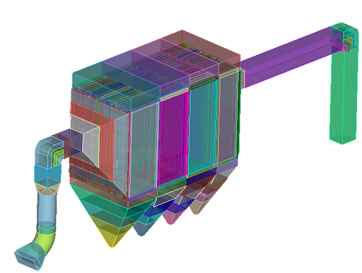 Figure 3: Mesh model of an electrostatic precipitator developed by Thermax in Coreform Cubit to treat power plant air pollution. Thermax often creates CAD geometry directly in Coreform Cubit prior to meshing, rather than importing CAD data.