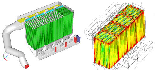 Figure 4: CFD geometry of a Bag Filter developed by Thermax in Coreform Cubit for Air Pollution treatment. This model was both designed and meshed in Coreform Cubit. The simulation results show near-uniform velocity patterns on the bags, which translates to better filtration.