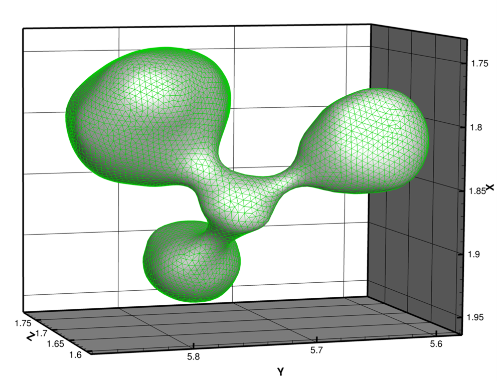 A typical mesh, generated in Coreform Cubit, of a ~200nm magnetite particle, selected from the particles distribution shown in Fig 1. The grain is filled with linear tetrahedral elements, constrained at 8 nm average size.
