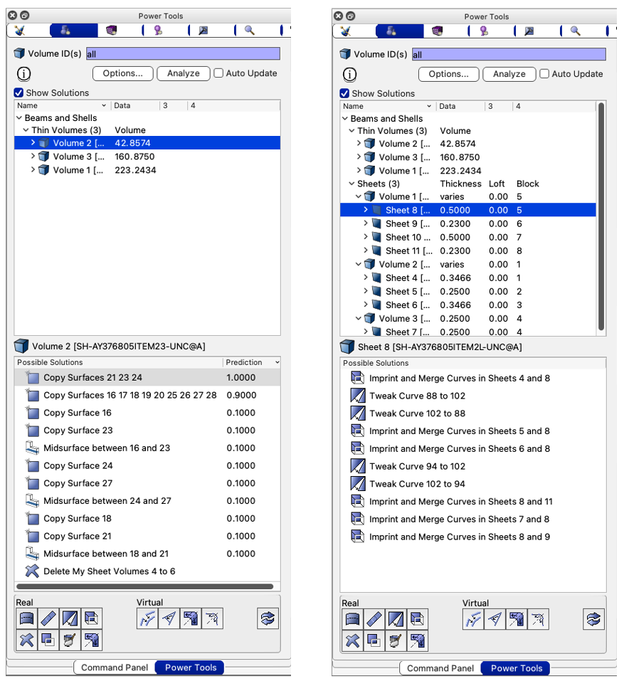 (Left) Thin Volumes diagnostic showing volume with possible reduction solutions. (Right) Sheets diagnostic showing reduced volumes along with possible solutions for connecting adjacent sheets.