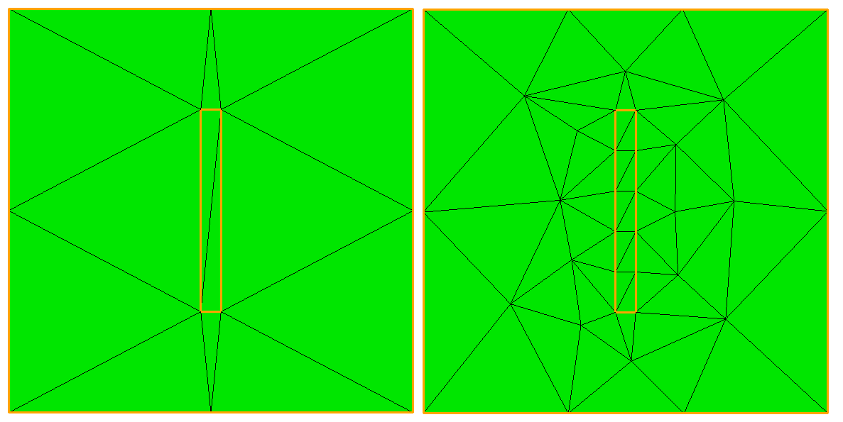Left: triangle mesh without surface proximity. Right: triangle mesh with surface proximity.