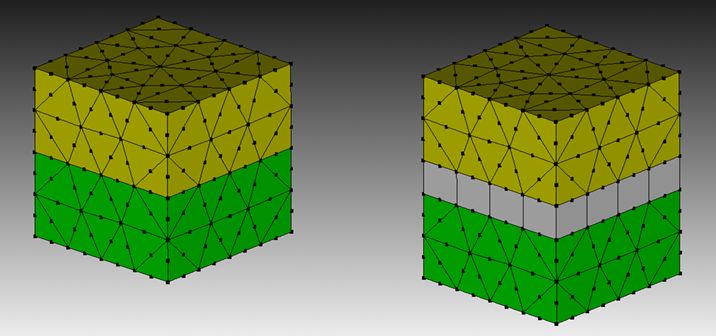 A TETRA10 mesh with cohesive surface elements inserted. CSEs are stretched for illustration purposes.