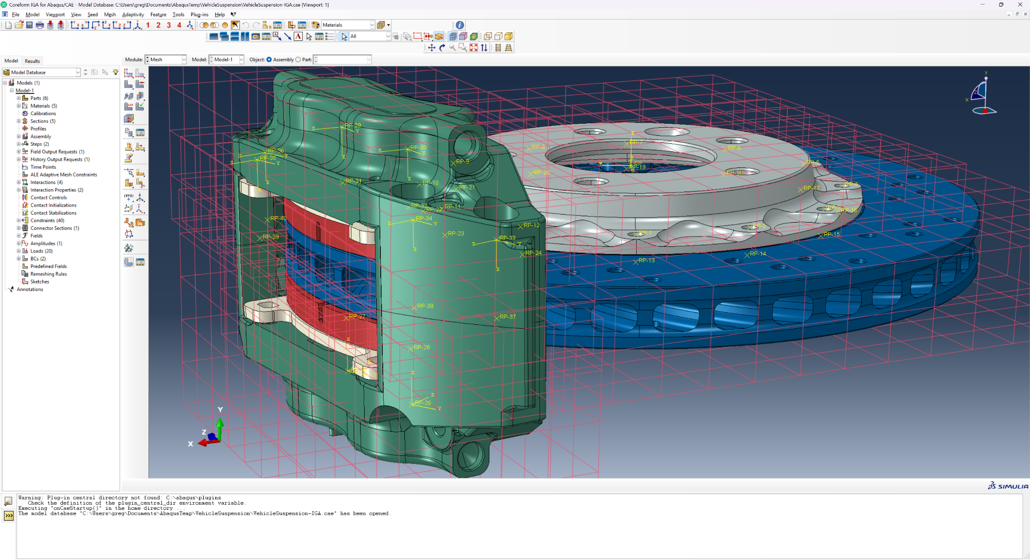 Coreform IGA inside Abaqus/CAE: IGA mesh dialog, probes, and job submission