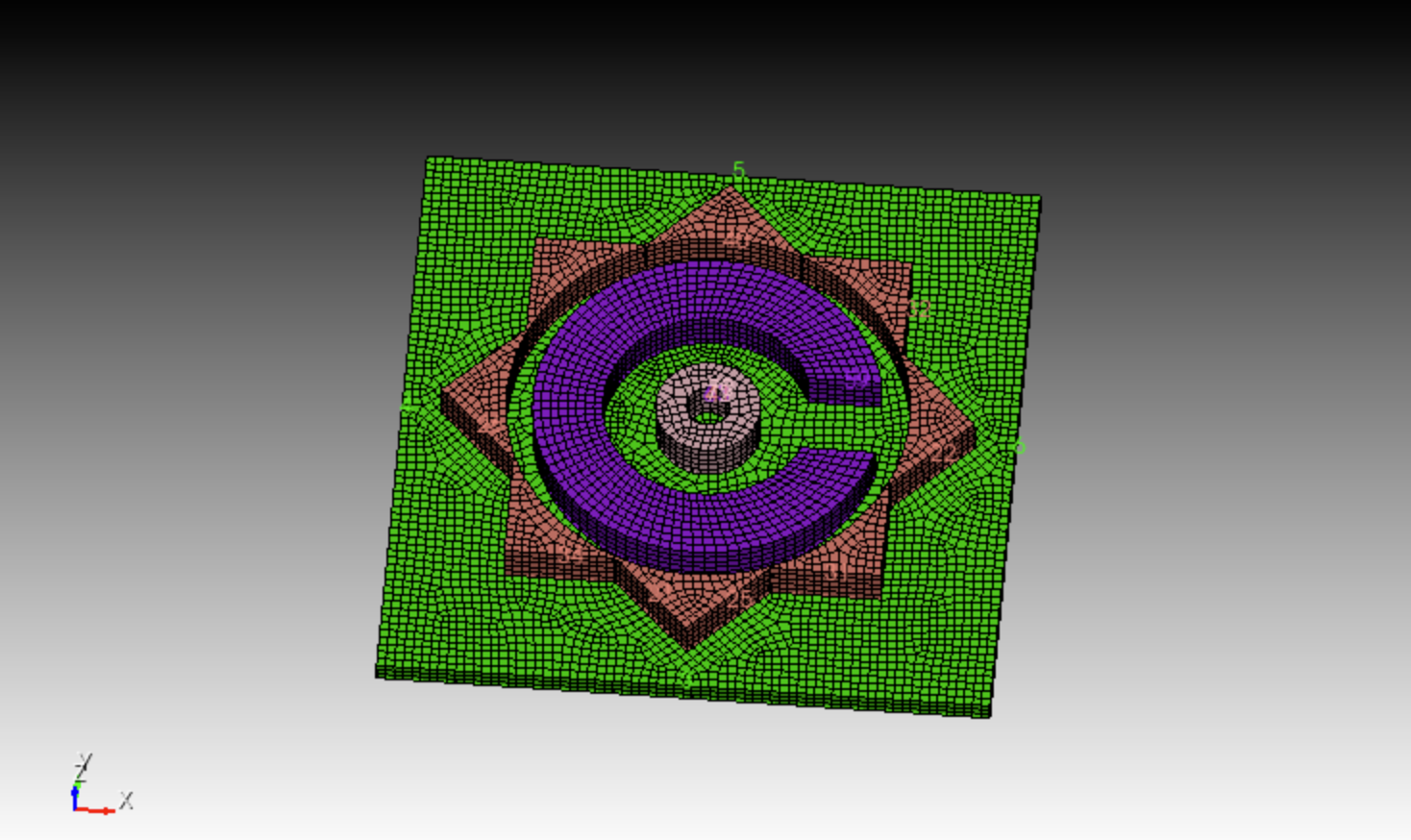 The AI-generated Coreform C logo model hex meshed in Coreform Cubit