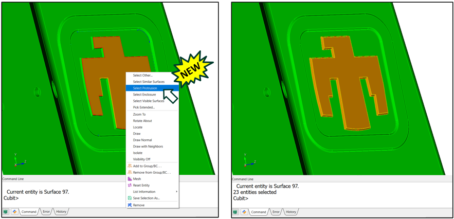 Left: the "Select Protrusion" option in the right-click menu. Right: the resulting selected protrusion.