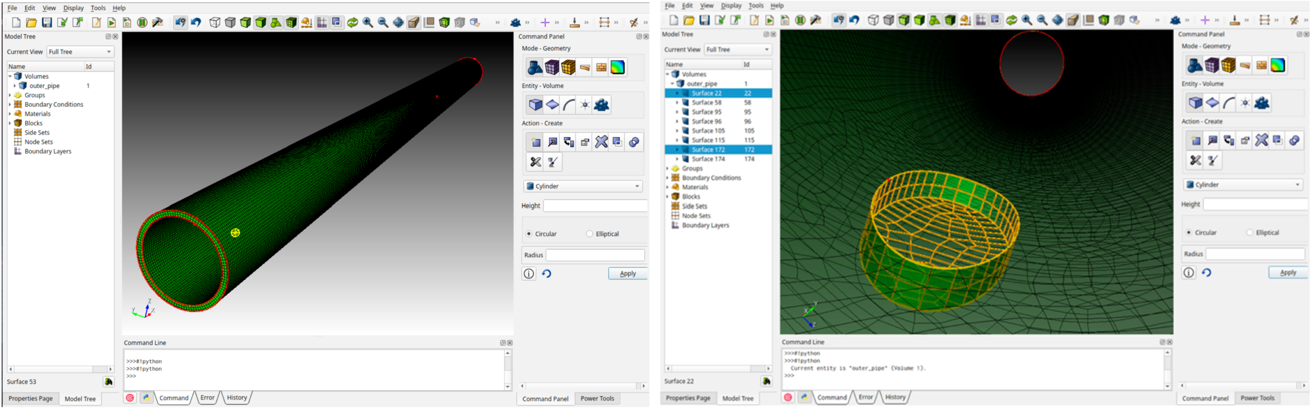 Figure 1 CMU Coreform Cubit pipeline model and hexahedral mesh around an internal wall defect